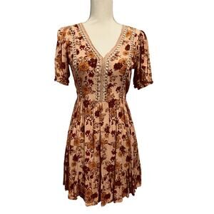Rusttydustty Mini Dress Size Small Tan Floral Western Boho Feminine Lace Ruffle